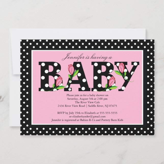 Invitación Black Pink Polka Dot "baby" Baby Shower (Anverso)