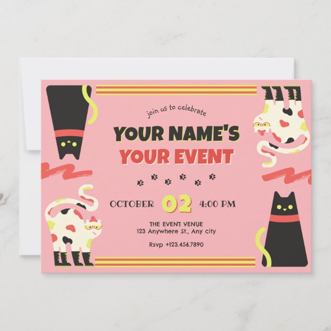Invitación Black Pink retro cat (Anverso)