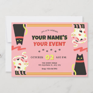 Invitación Black Pink retro cat