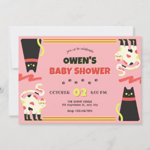 Invitación Black Pink retro cat baby forecast