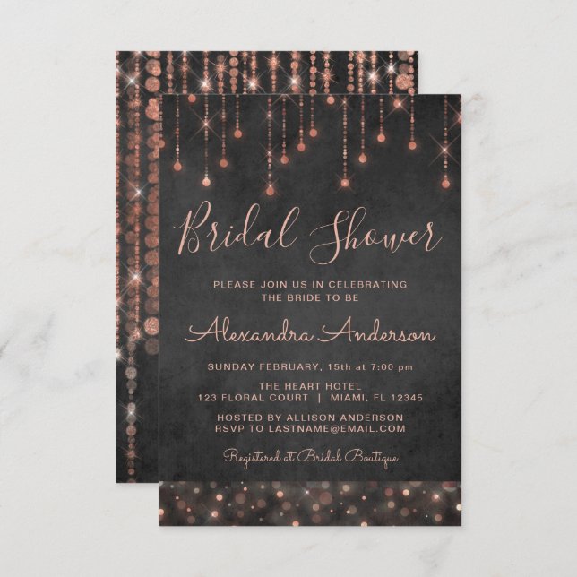 Invitación Black Pink Rose Gold String ilumina Bridal Shower (Anverso / Reverso)