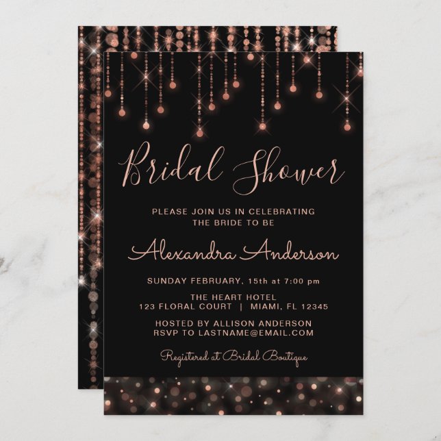 Invitación Black Pink Rose Gold String ilumina Bridal Shower (Anverso / Reverso)