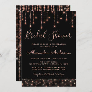 Invitación Black Pink Rose Gold String ilumina Bridal Shower