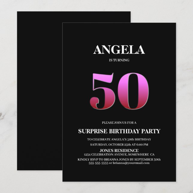 Invitación Black Pink Surprise 50 cumpleaños (Anverso / Reverso)