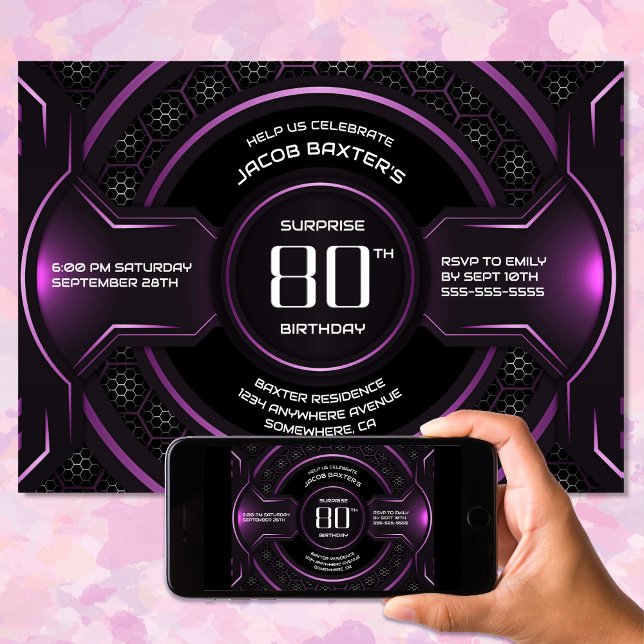 Invitación Black Pink Surprise 80th Birthday Party (Subido por el creador)