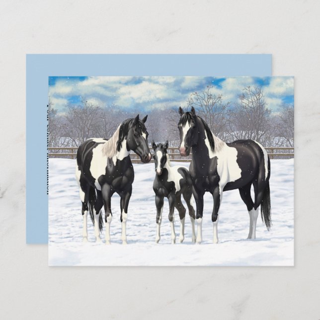 Invitación Black Pinto Quarter Horse Pintando En Nieve (Anverso / Reverso)