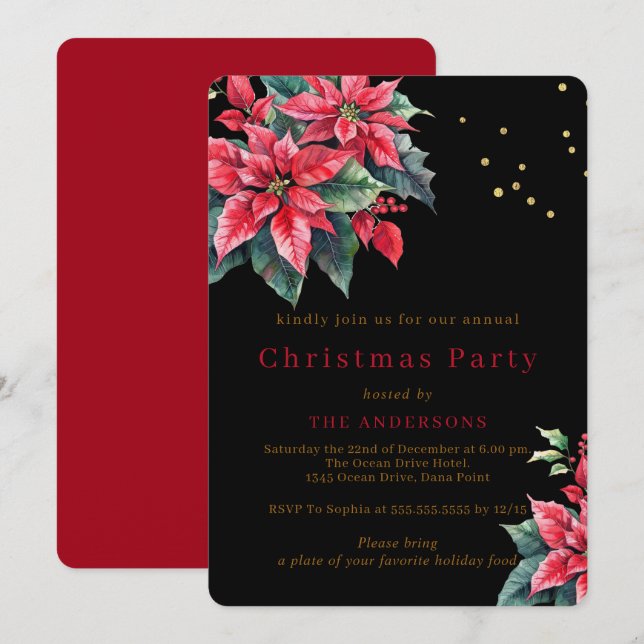 Invitación Black Poinsettia flower Christmas party (Anverso / Reverso)