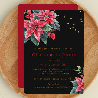 Invitación Black Poinsettia flower Christmas party