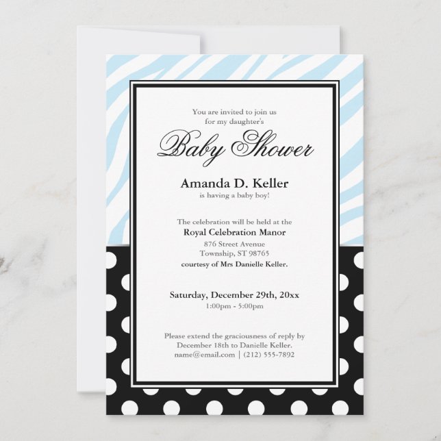 Invitación Black Polka Dot Blue Zebra Print Baby Shower (Anverso)