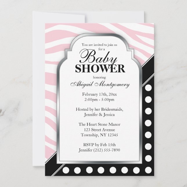 Invitación Black Polka Dot Pink Zebra Print Baby Shower (Anverso)