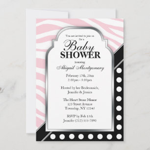 Invitación Black Polka Dot Pink Zebra Print Baby Shower