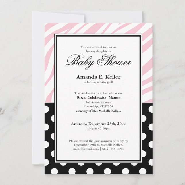Invitación Black Polka Dot Pink Zebra Print Baby Shower (Anverso)