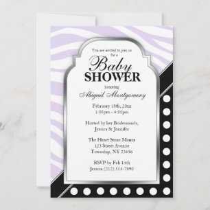 Invitación Black Polka Dot Purple Zebra Print Baby Shower
