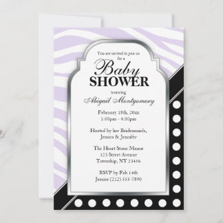 Invitación Black Polka Dot Purple Zebra Print Baby Shower