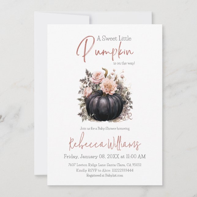 Invitación Black Pumpkin Rubor Pink Floral Fall Baby Shower (Anverso)