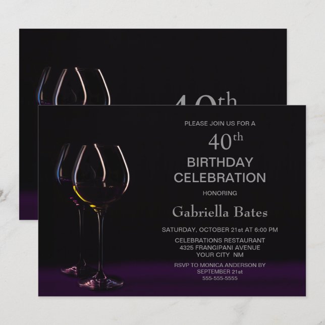 Invitación Black Purple 40th Birthday Wine Glass Fiesta (Anverso / Reverso)