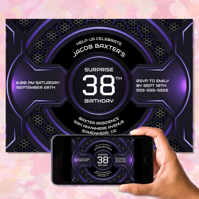 Invitación Black Purple Any Age Surprise Birday Party (Subido por el creador)