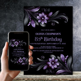 Invitación Black Purple Floral 85th Birthday Party