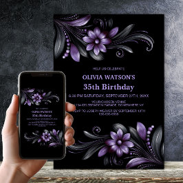 Invitación Black Purple Floral Birthday Party