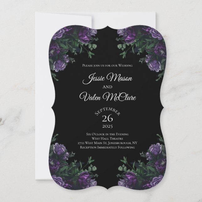 Invitación Black Purple Floral Elegant Wedding Gótico (Anverso)