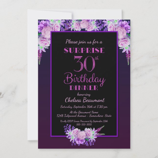 Invitación Black Purple Floral Sorpresa 30 cumpleaños cena (Anverso)