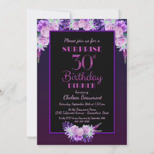 Invitación Black Purple Floral Sorpresa 30 cumpleaños cena