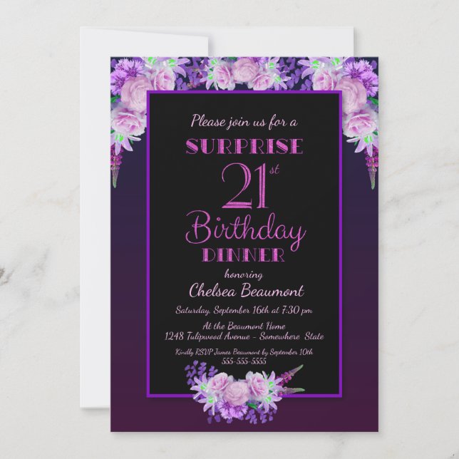 Invitación Black Purple Floral Surprise 21ª cena de cumpleaño (Anverso)
