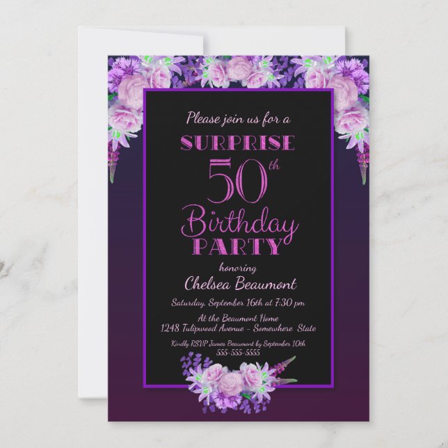 Invitación Black & Purple Floral Surprise Fiesta de 50 Años (Anverso)