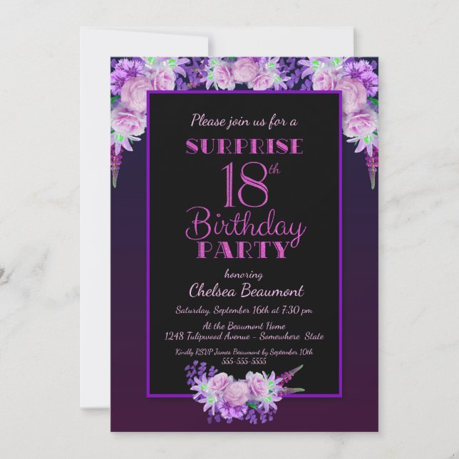 Invitación Black & Purple Floral Surprise Fiesta de Cumpleaño (Anverso)