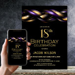 Invitación Black Purple Gold 18th Birthday Party<br><div class="desc">Invite a sus amigos y seres queridos a cumplir 18 años con esta moderna invitación de fiesta de cumpleaños. El área de texto de personalizable de esta plantilla de invitación le permite incluir sin esfuerzo todos los detalles necesarios para su celebración especial de cumpleaños, incluyendo la fecha, hora, lugar e...</div>