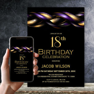 Invitación Black Purple Gold 18th Birthday Party