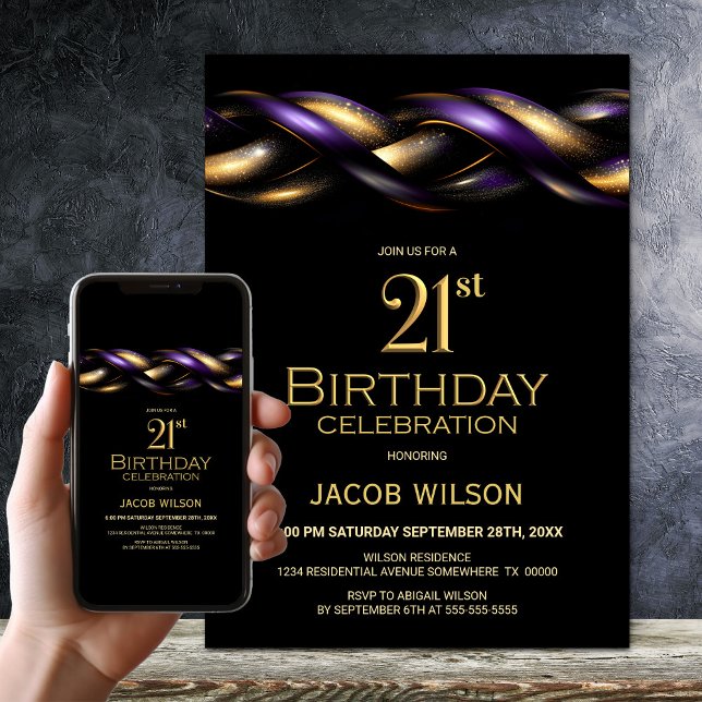 Invitación Black Purple Gold 21st Birthday Fiesta (Subido por el creador)