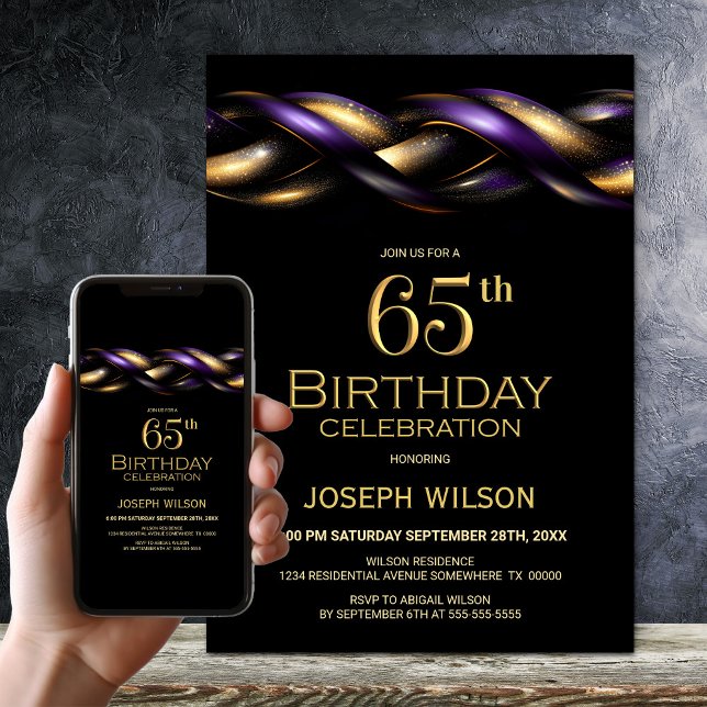 Invitación Black Purple Gold Fiesta de cumpleaños número 65 (Subido por el creador)