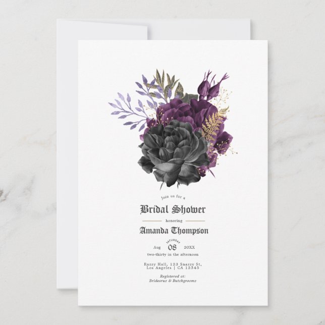 Invitación Black Purple Gold Floral Gothic Bridal Shower (Anverso)