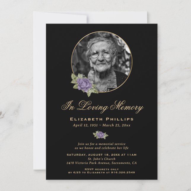 Invitación Black Purple Gold Floral Photo Memorial Service (Anverso)