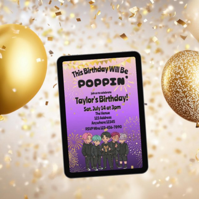 Invitación Black Purple Gold KPOP Boys Poppin' Birthday (Subido por el creador)