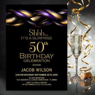 Invitación Black Purple Gold Surprise Fiesta de 50 Años