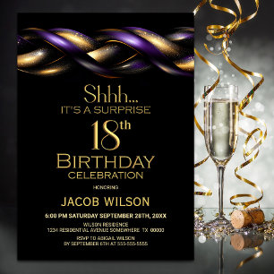 Invitación Black Purple Gold Surprise Fiesta de cumpleaños nú