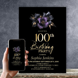 Invitación Black Purple Gray Floral 100 cumpleaños