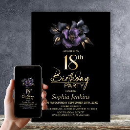 Invitación Black Purple Gray Floral 18 cumpleaños