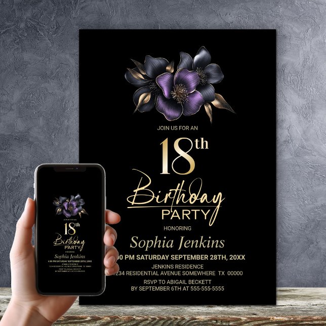 Invitación Black Purple Gray Floral 18 cumpleaños (Subido por el creador)
