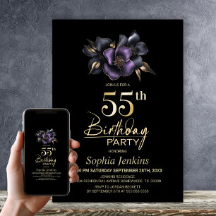 Invitación Black Purple Gray Floral 55 cumpleaños