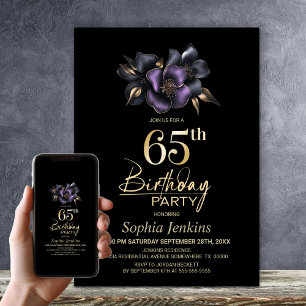 Invitación Black Purple Gray Floral 65th Birthday Party