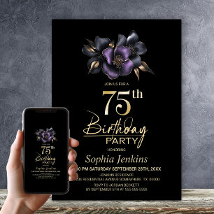 Invitación Black Purple Gray Floral 75 cumpleaños