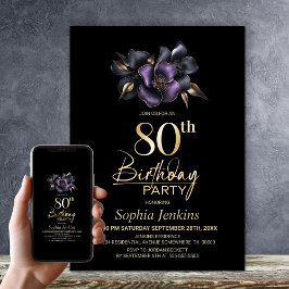 Invitación Black Purple Gray Floral 80 cumpleaños