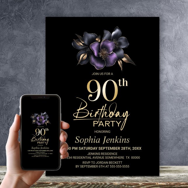 Invitación Black Purple Gray Floral 90 cumpleaños (Subido por el creador)