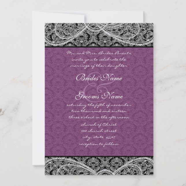 Invitación Black Purple Paisley Damask Wedding Invitation (Anverso)