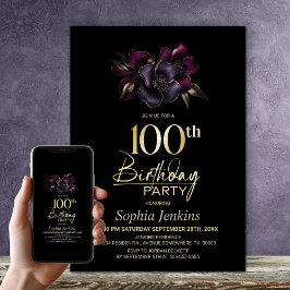 Invitación Black Purple Pink Floral 100th Birthday Party