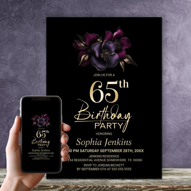 Invitación Black Purple Pink Floral 65th Birthday Party (Subido por el creador)