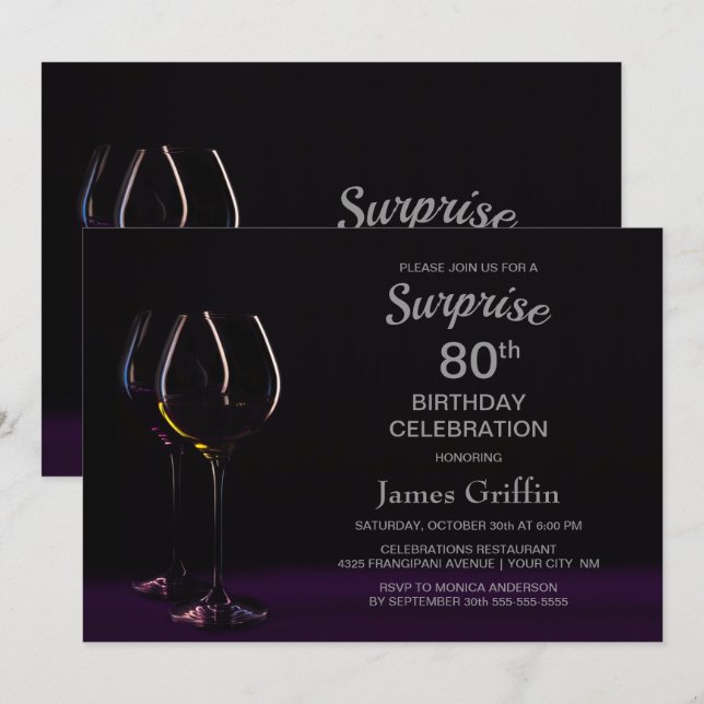 Invitación Black Purple Surprise 80º Vidrio de Cumpleaños (Anverso / Reverso)